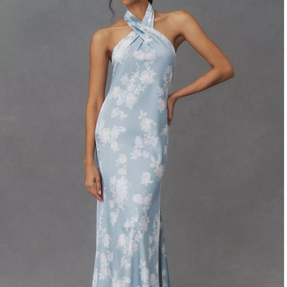 BHLDN Ruby Twist Halter Satin Gown in Blue Size 6
